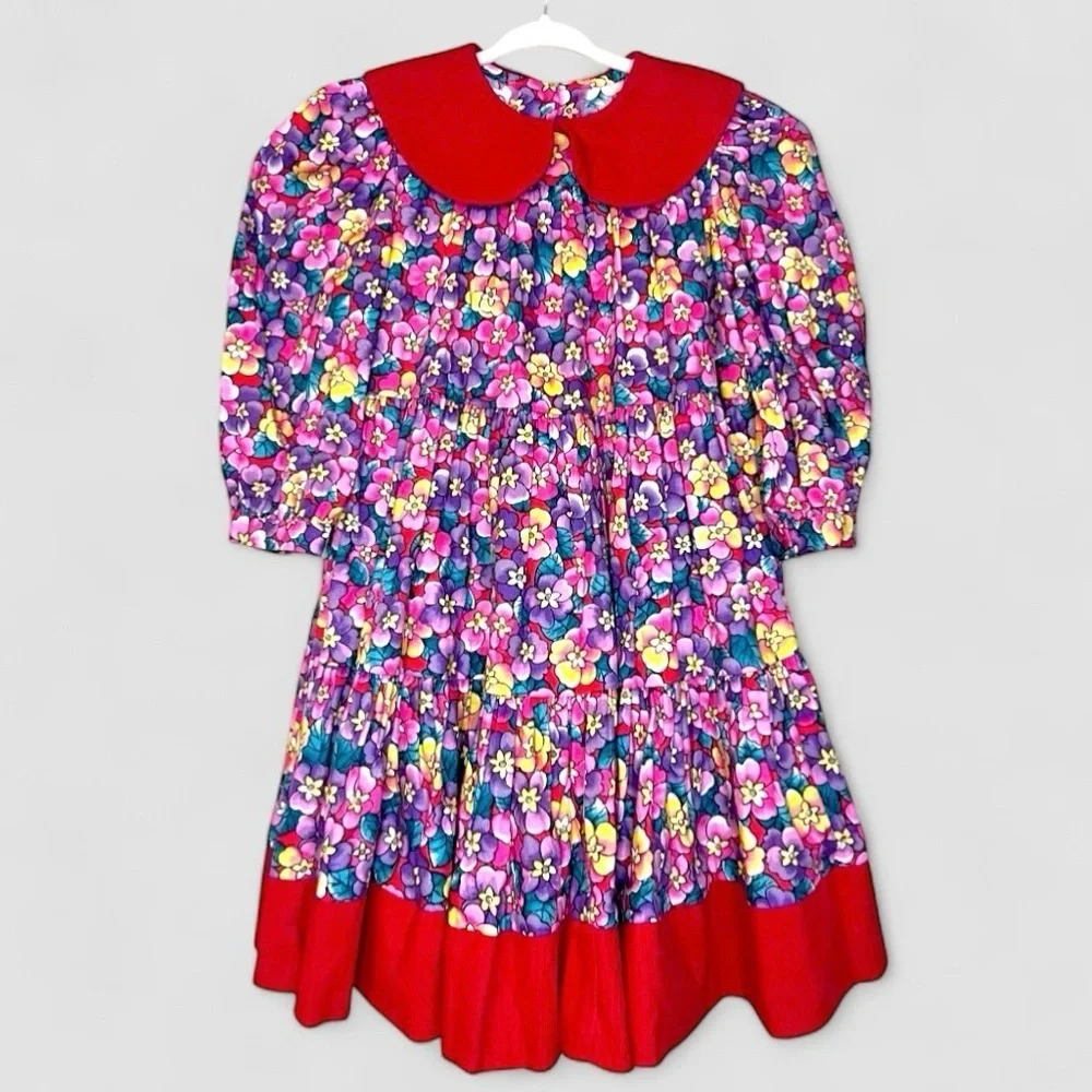 RARE Vintage Petals San Francisco Corduroy Floral Dress Red Collar Girls Size 6